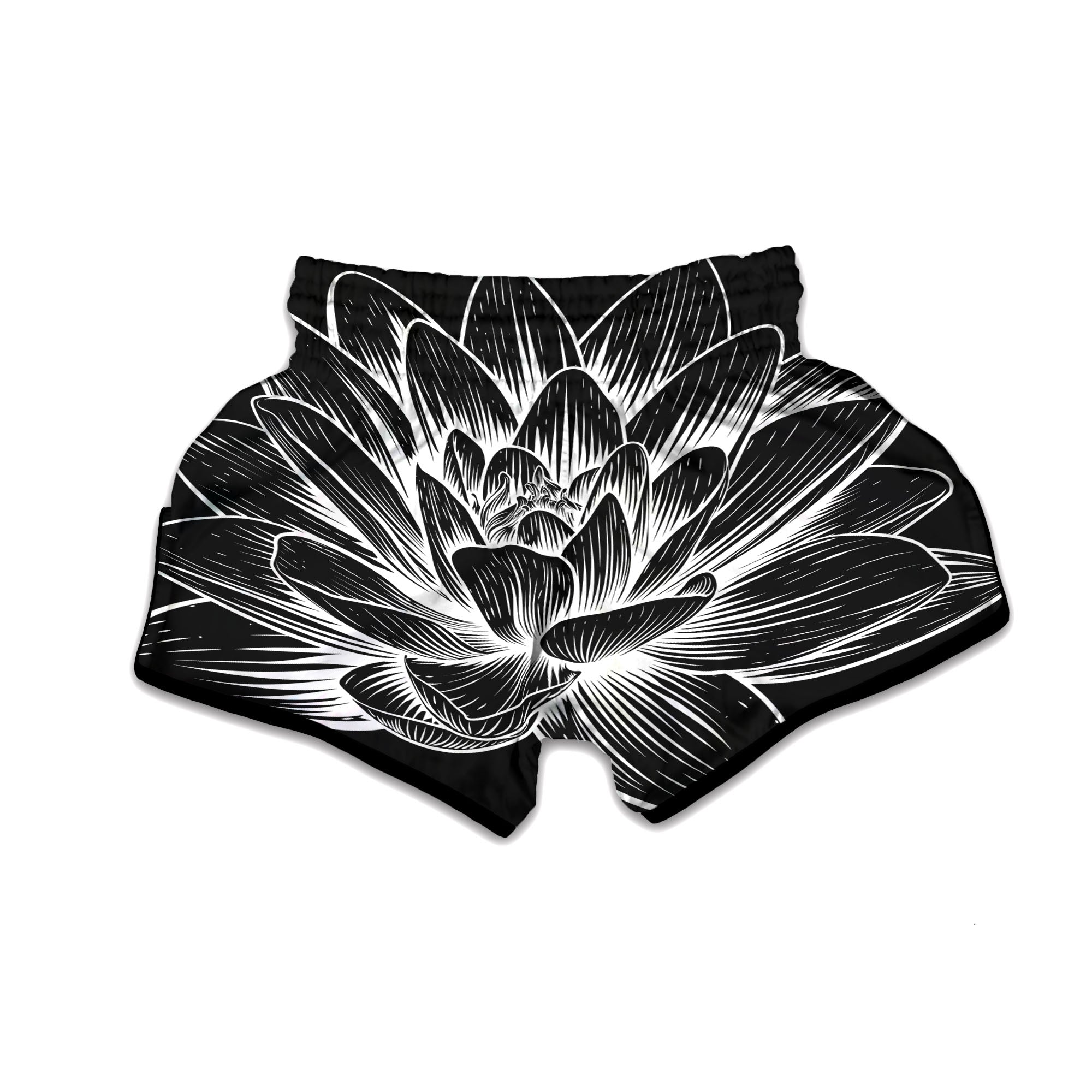 Lotus Flower White And Black Print Muay Thai Boxing Shorts-grizzshop