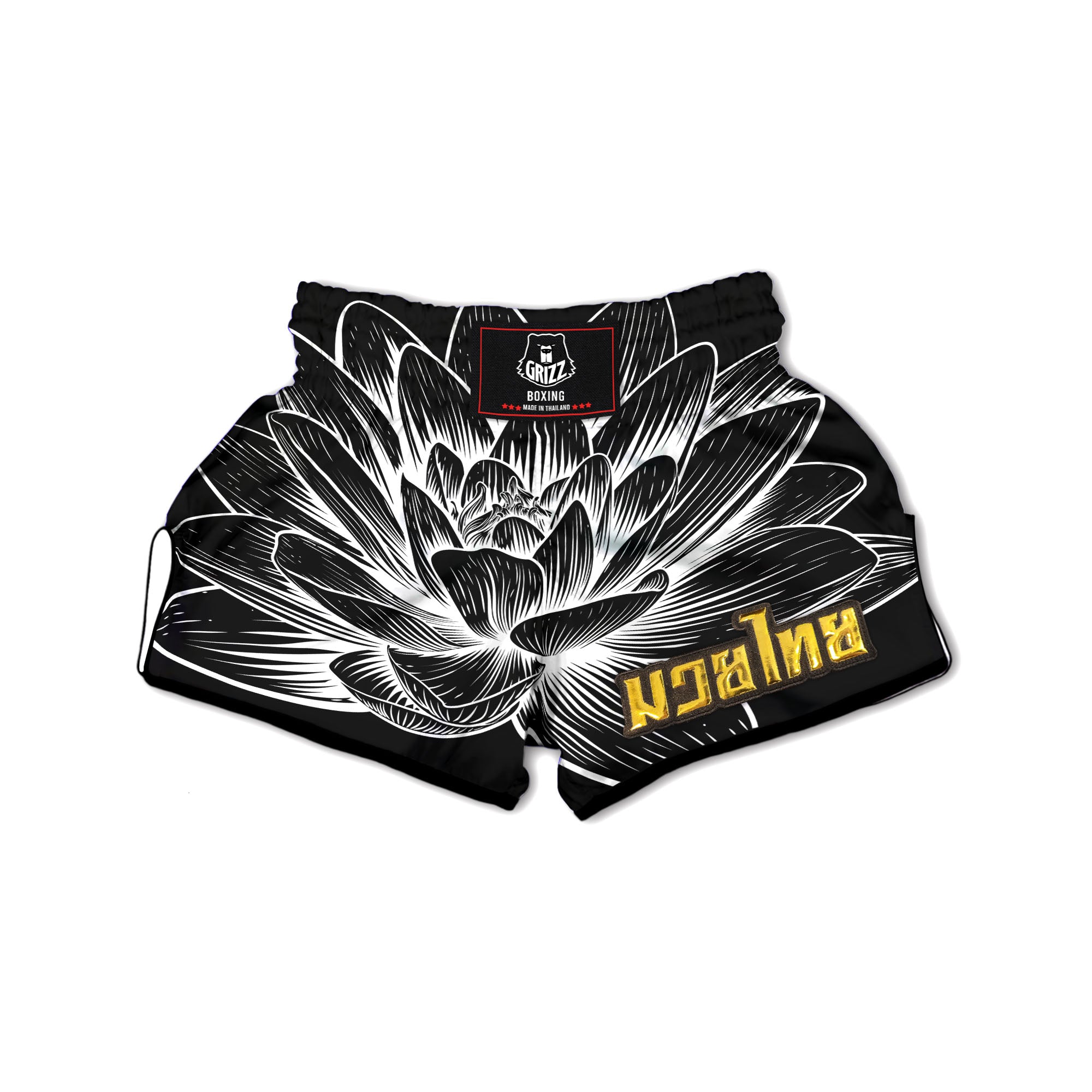 Lotus Flower White And Black Print Muay Thai Boxing Shorts-grizzshop