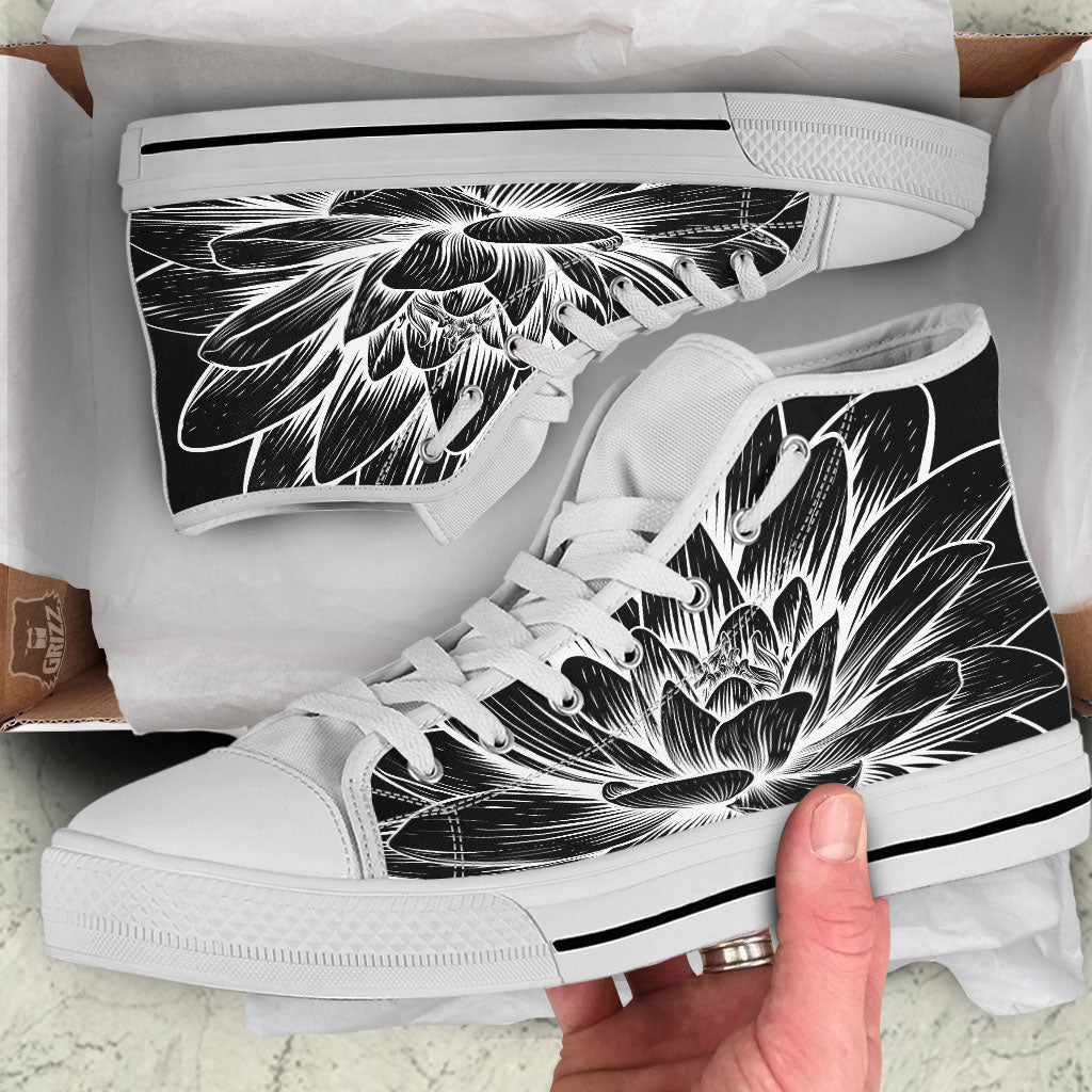 Lotus Flower White And Black Print White High Top Shoes-grizzshop