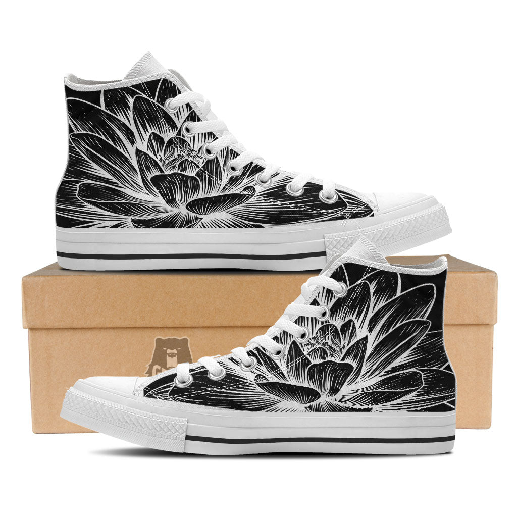 Lotus Flower White And Black Print White High Top Shoes-grizzshop