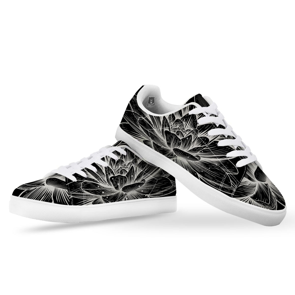 Lotus Flower White And Black Print White Low Top Sneakers-grizzshop