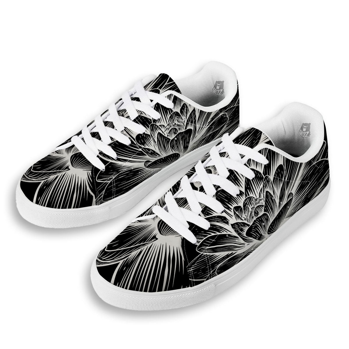 Lotus Flower White And Black Print White Low Top Sneakers-grizzshop