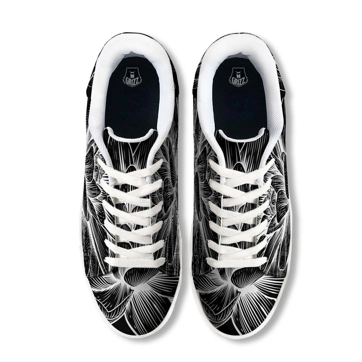 Lotus Flower White And Black Print White Low Top Sneakers-grizzshop