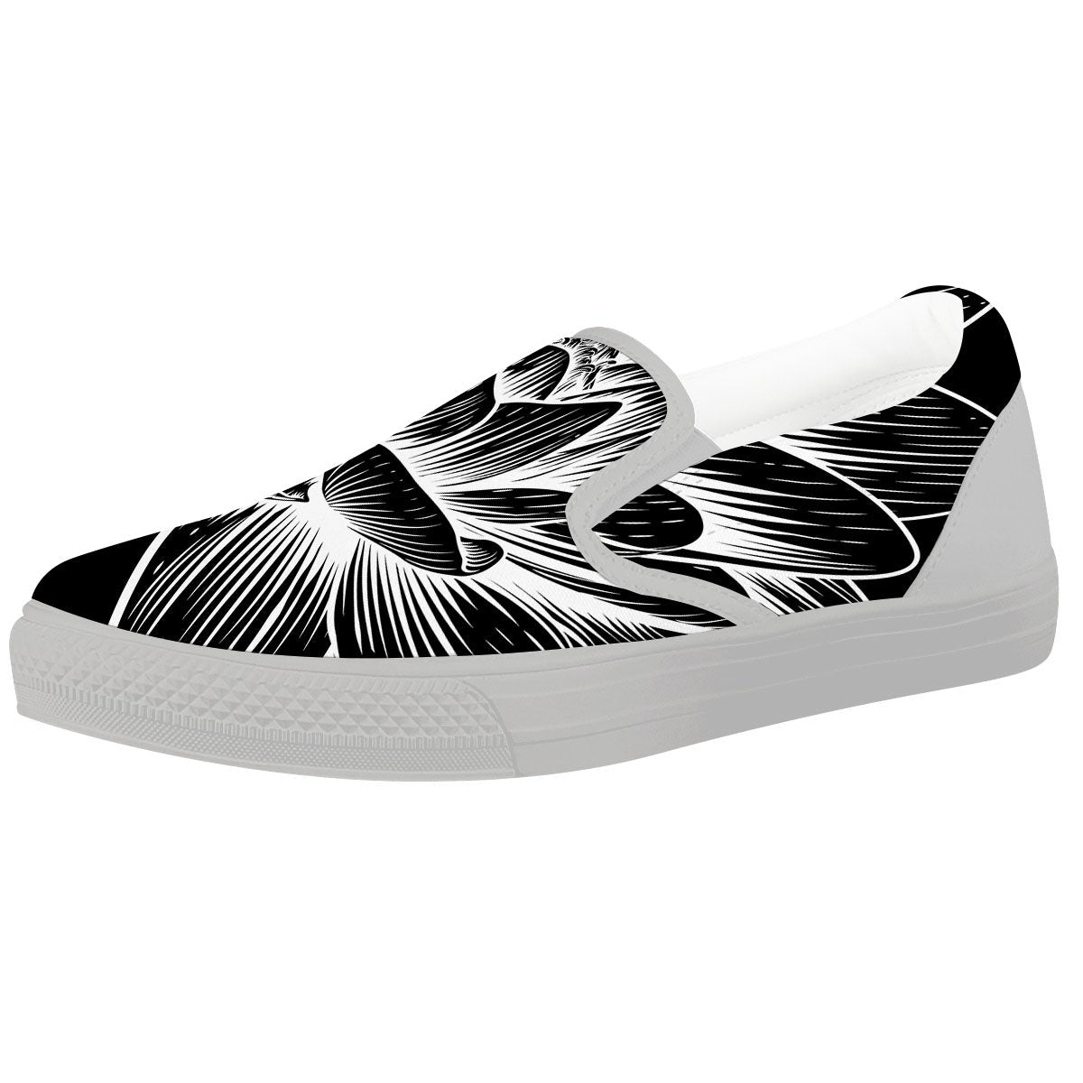 Lotus Flower White And Black Print White Slip On Shoes-grizzshop