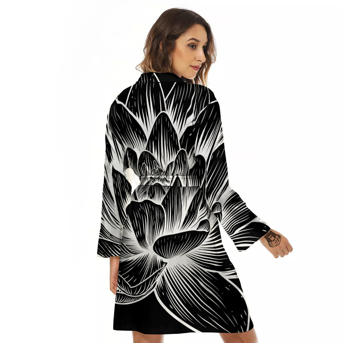 Lotus Flower White And Black Print Women's Robe-grizzshop