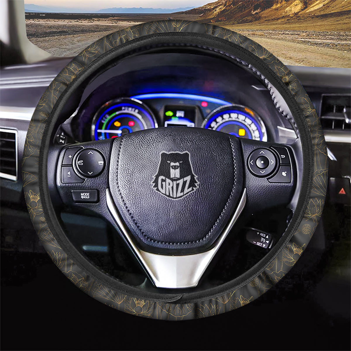 Lotus Gold And Black Print Pattern Car Steering Wheel Cover-grizzshop