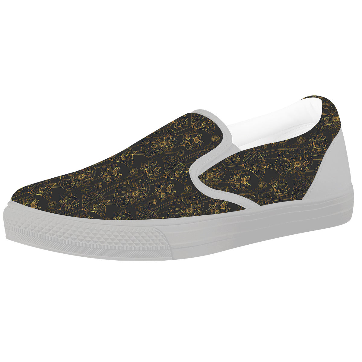 Lotus Gold And Black Print Pattern White Slip On Shoes-grizzshop