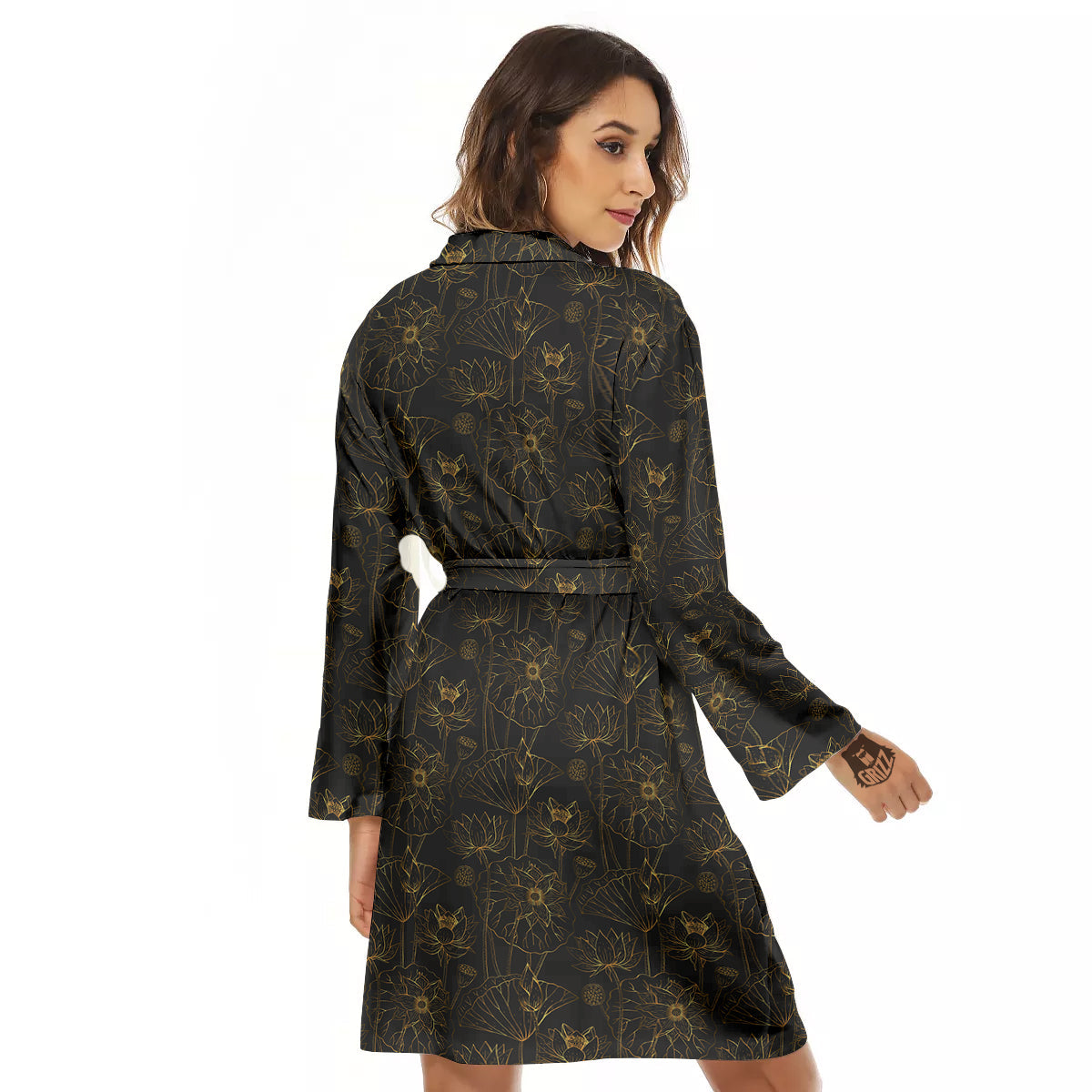 Lotus Gold And Black Print Pattern Women's Robe-grizzshop