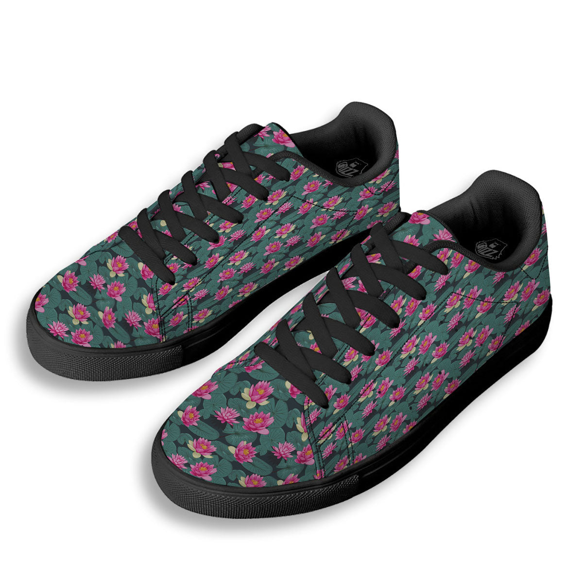 Lotus Hot Pink Print Pattern Black Low Top Sneakers-grizzshop
