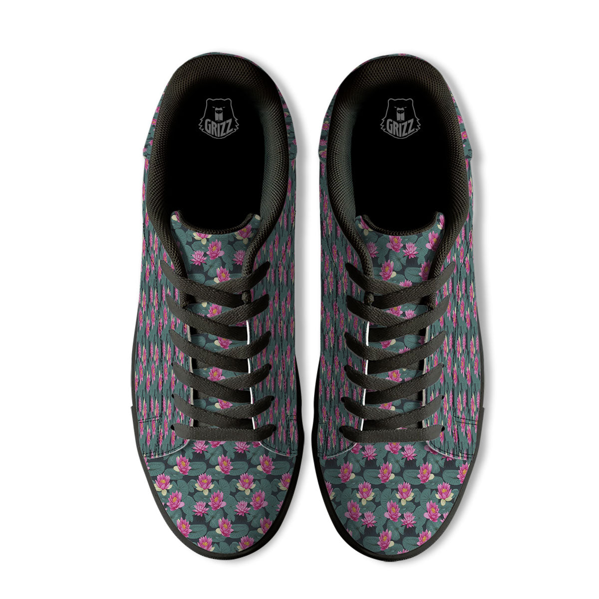 Lotus Hot Pink Print Pattern Black Low Top Sneakers-grizzshop
