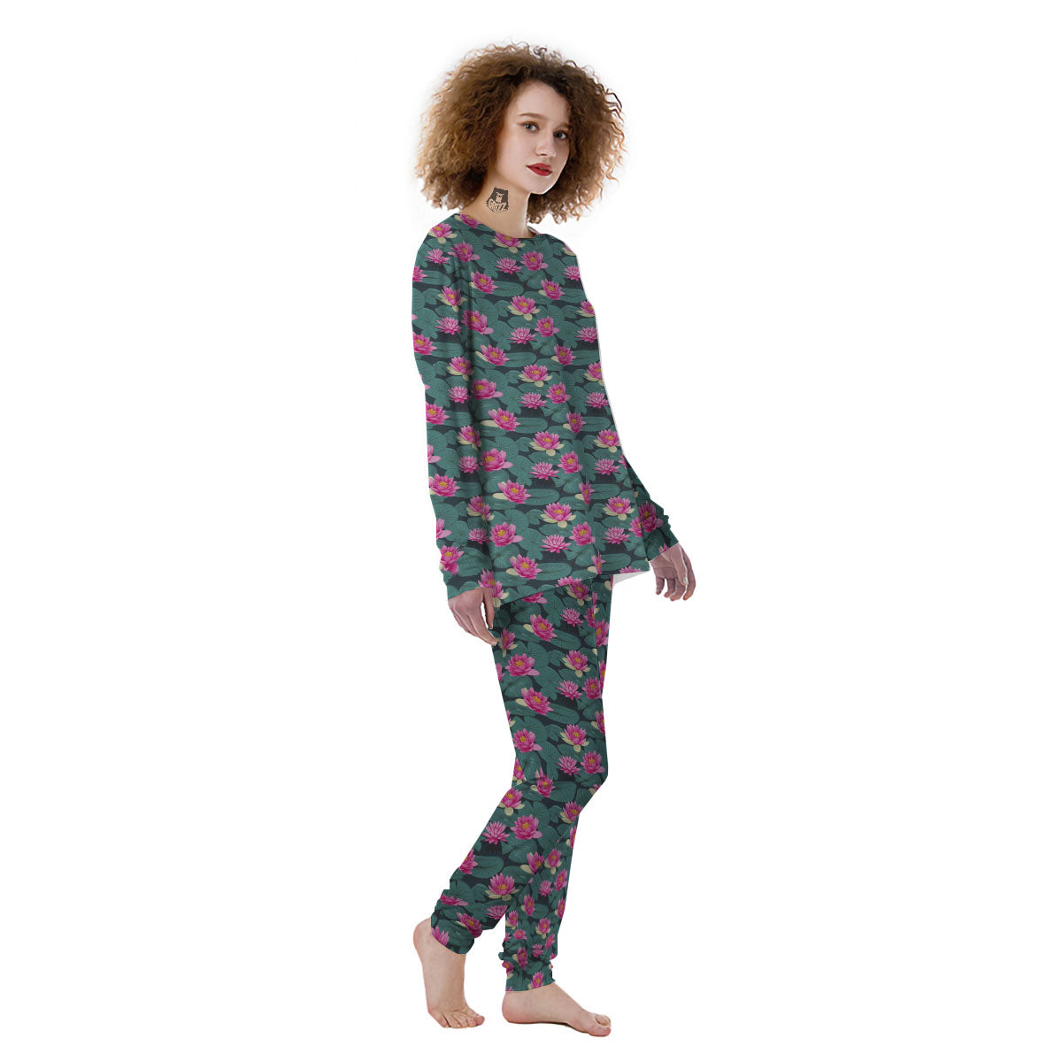 Lotus Hot Pink Print Pattern Women's Pajamas-grizzshop