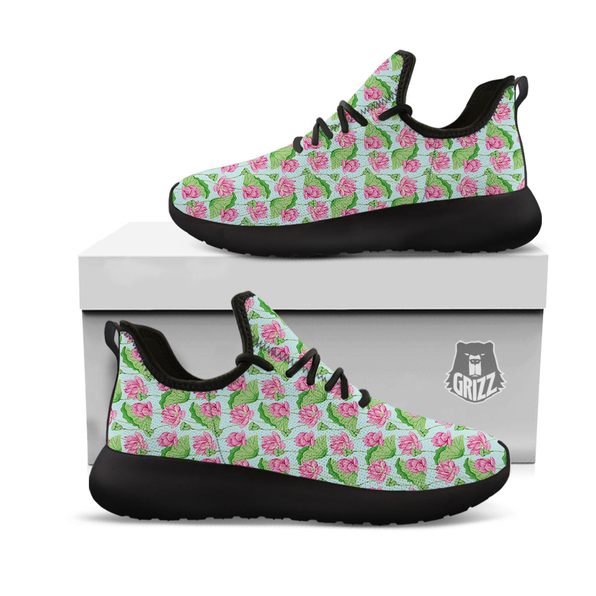 Lotus Leaf And Flower On The Water Print Pattern Black Athletic Shoes-grizzshop