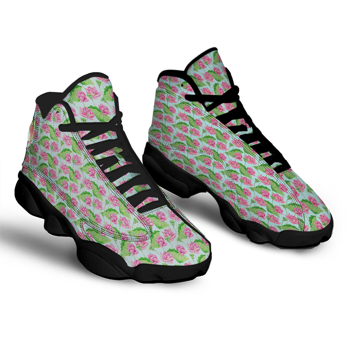 Lotus Leaf And Flower On The Water Print Pattern Black Basketball Shoes-grizzshop
