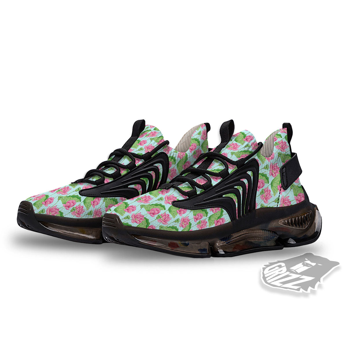 Lotus Leaf And Flower On The Water Print Pattern Black Gym Shoes-grizzshop
