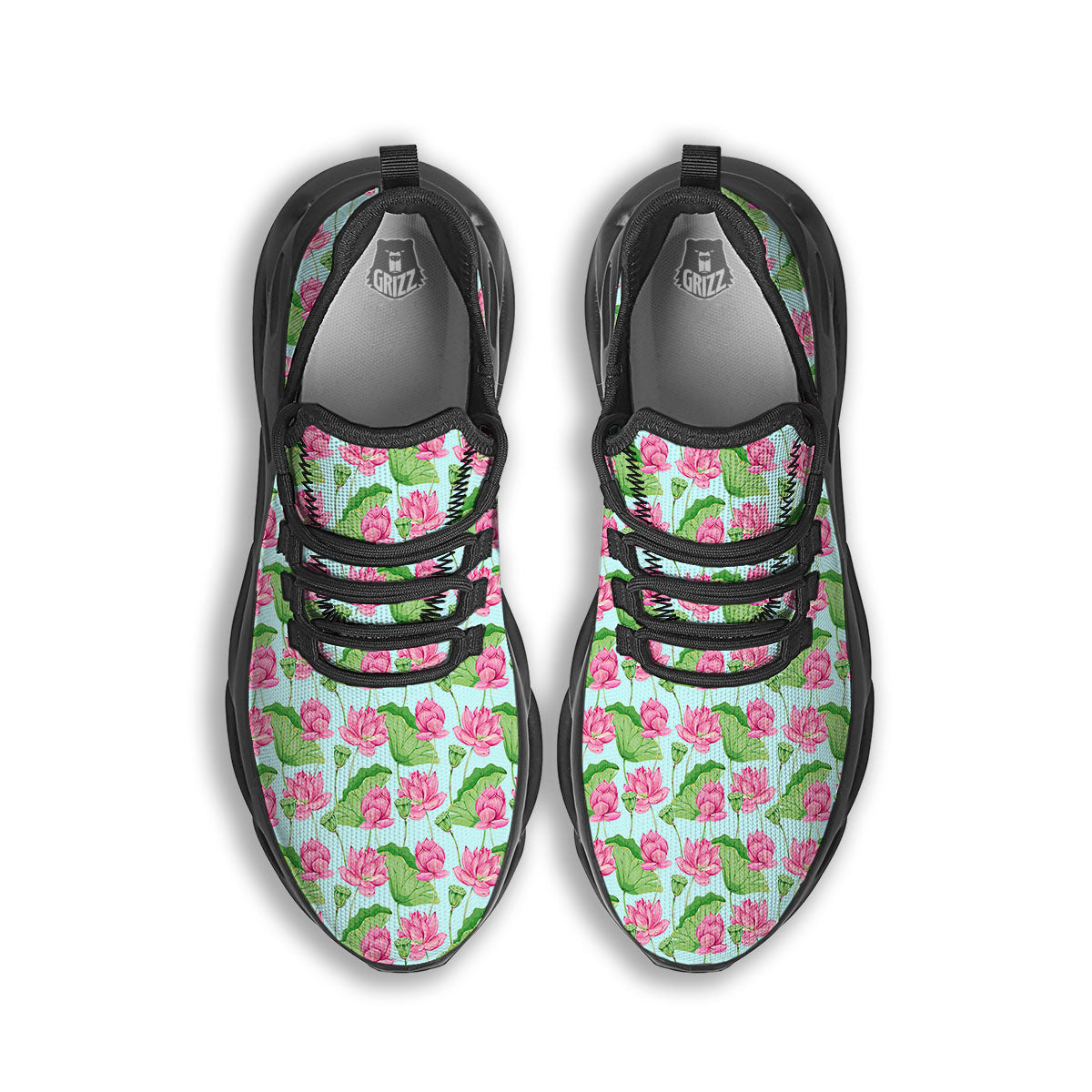 Lotus Leaf And Flower On The Water Print Pattern Black Running Shoes-grizzshop