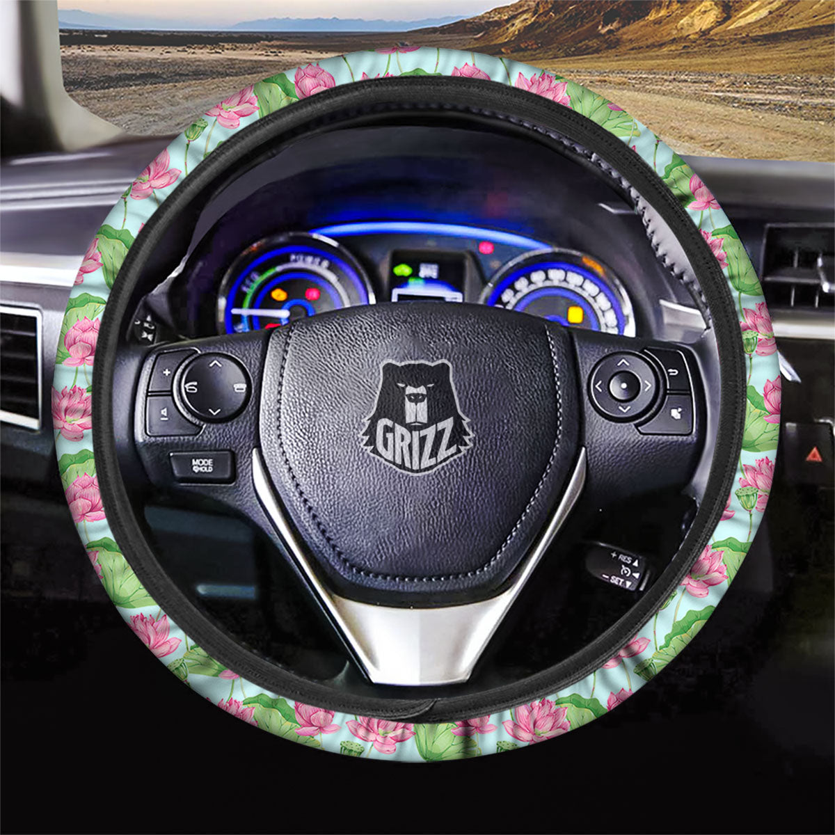 Lotus Leaf And Flower On The Water Print Pattern Car Steering Wheel Cover-grizzshop