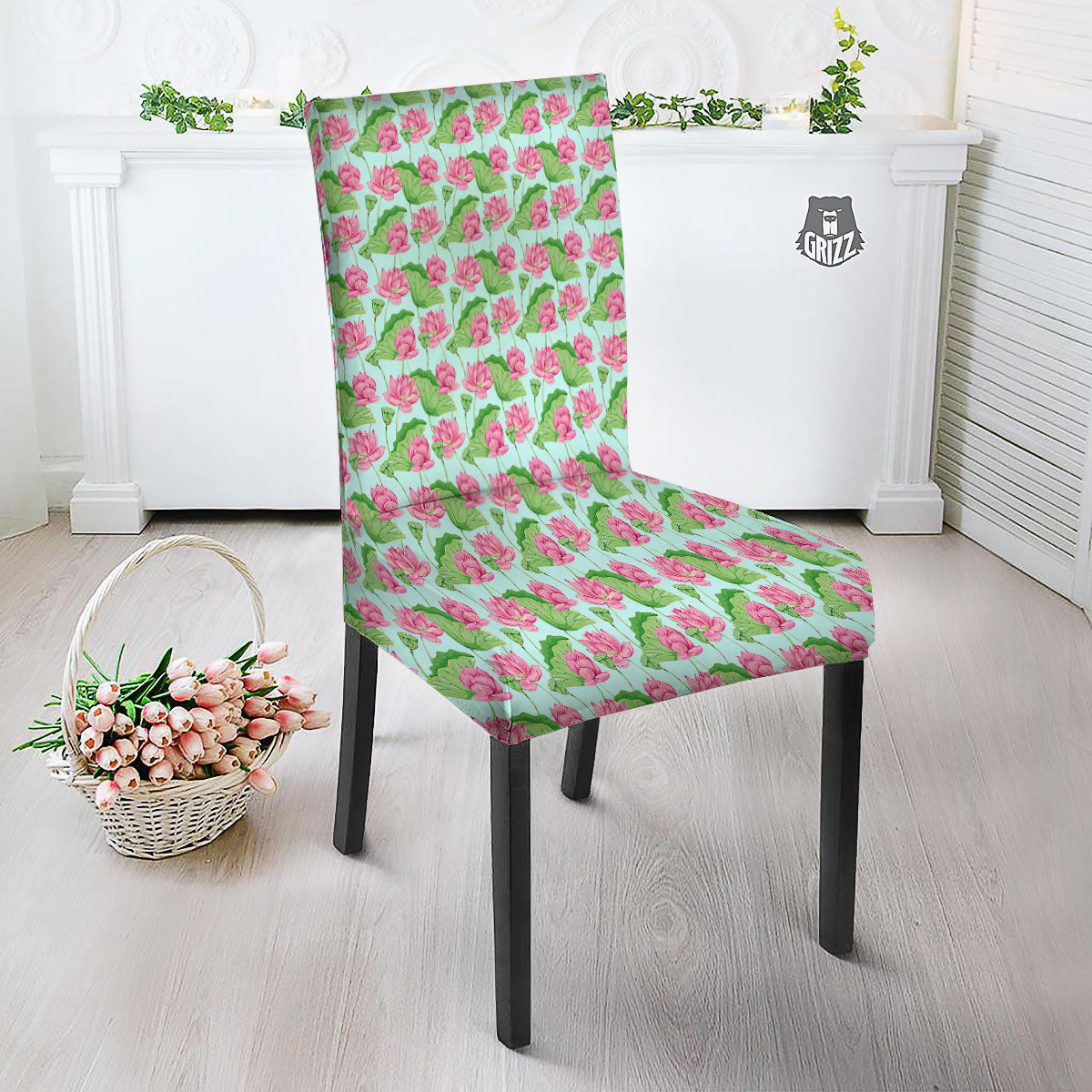 Lotus Leaf And Flower On The Water Print Pattern Dining Chair Slipcover-grizzshop