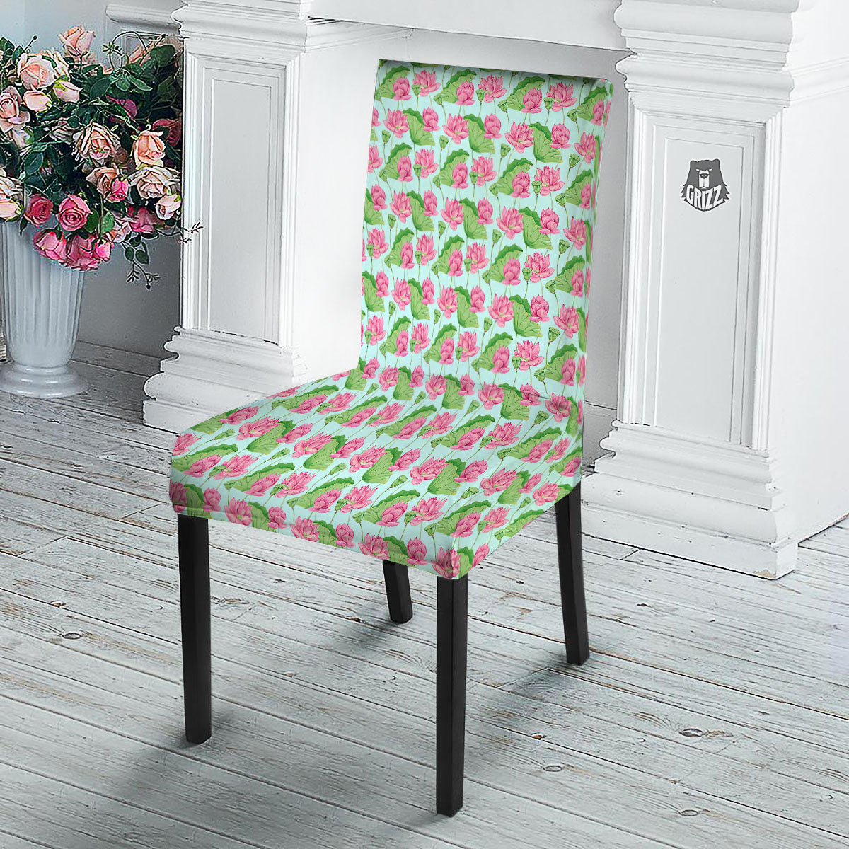 Lotus Leaf And Flower On The Water Print Pattern Dining Chair Slipcover-grizzshop