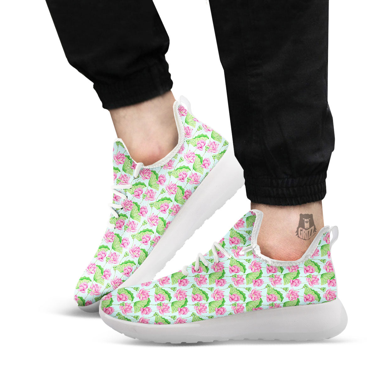 Lotus Leaf And Flower On The Water Print Pattern White Athletic Shoes-grizzshop