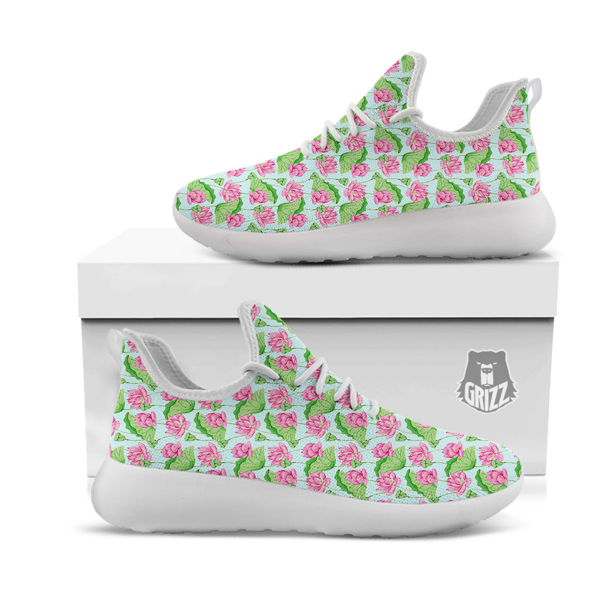 Lotus Leaf And Flower On The Water Print Pattern White Athletic Shoes-grizzshop