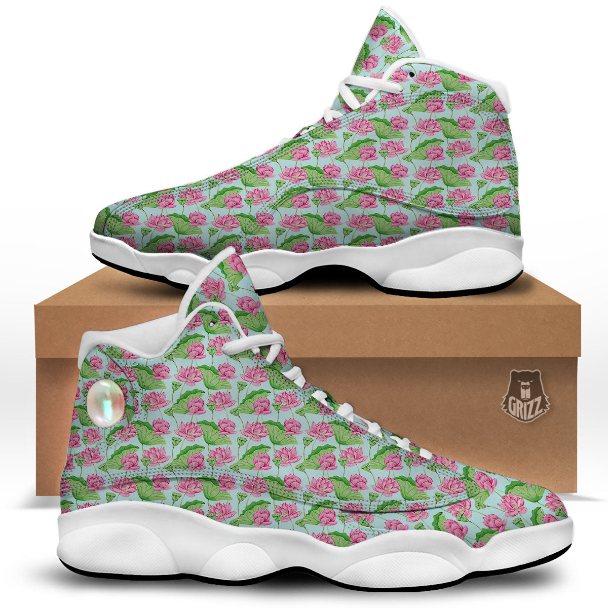 Lotus Leaf And Flower On The Water Print Pattern White Basketball Shoes-grizzshop