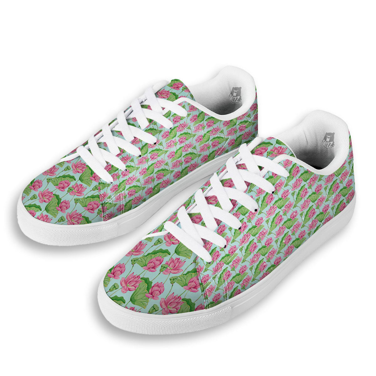 Lotus Leaf And Flower On The Water Print Pattern White Low Top Sneakers-grizzshop
