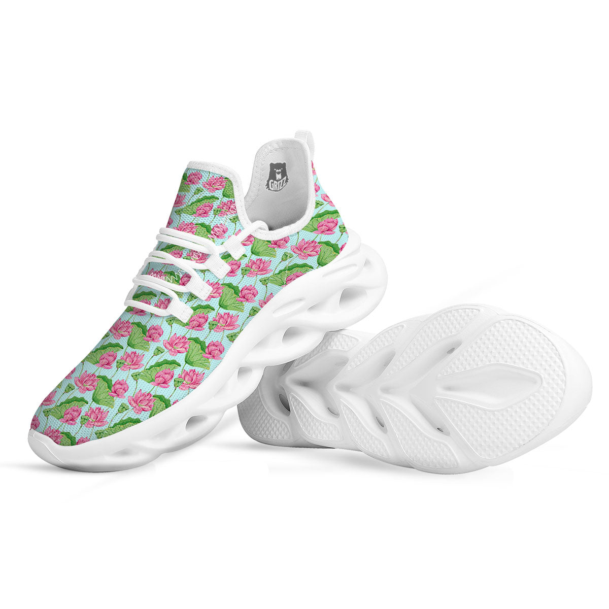 Lotus Leaf And Flower On The Water Print Pattern White Running Shoes-grizzshop