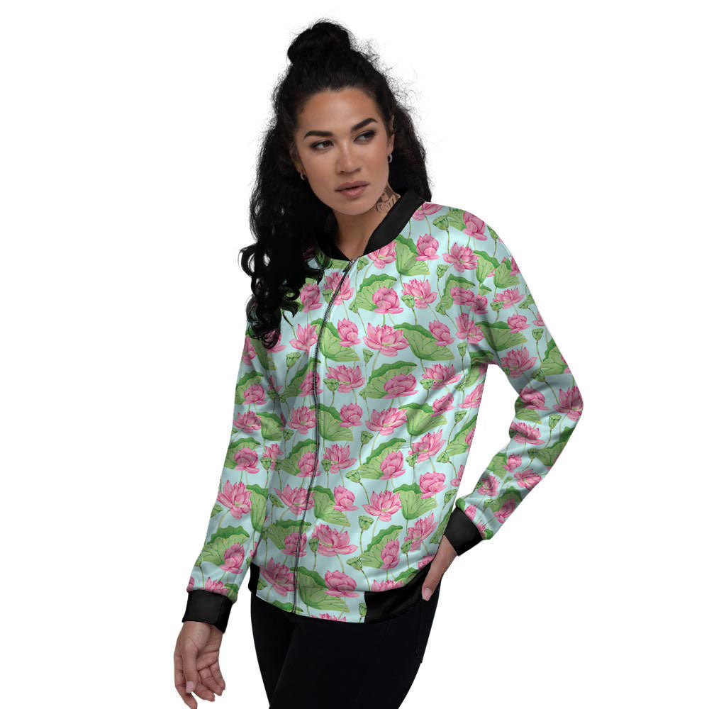 Lotus Leaf And Flower On The Water Print Pattern Women's Bomber Jacket-grizzshop