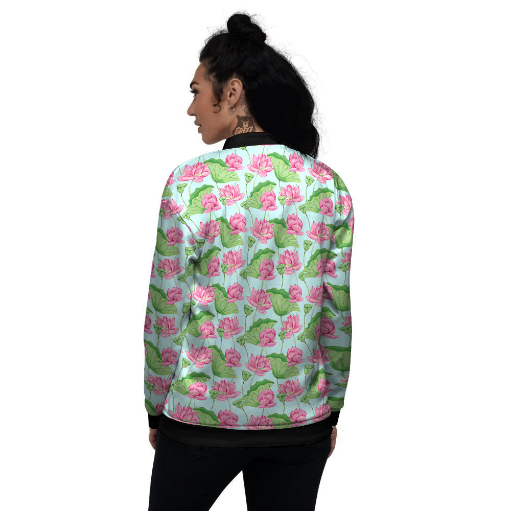 Lotus Leaf And Flower On The Water Print Pattern Women's Bomber Jacket-grizzshop