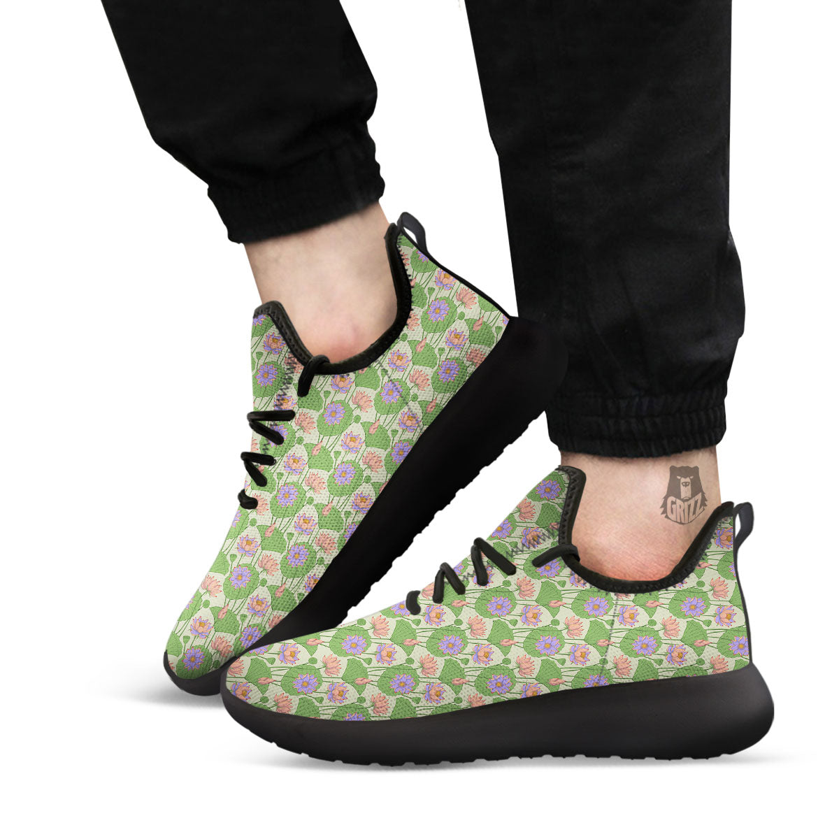 Lotus Leaf And Flower Print Pattern Black Athletic Shoes-grizzshop