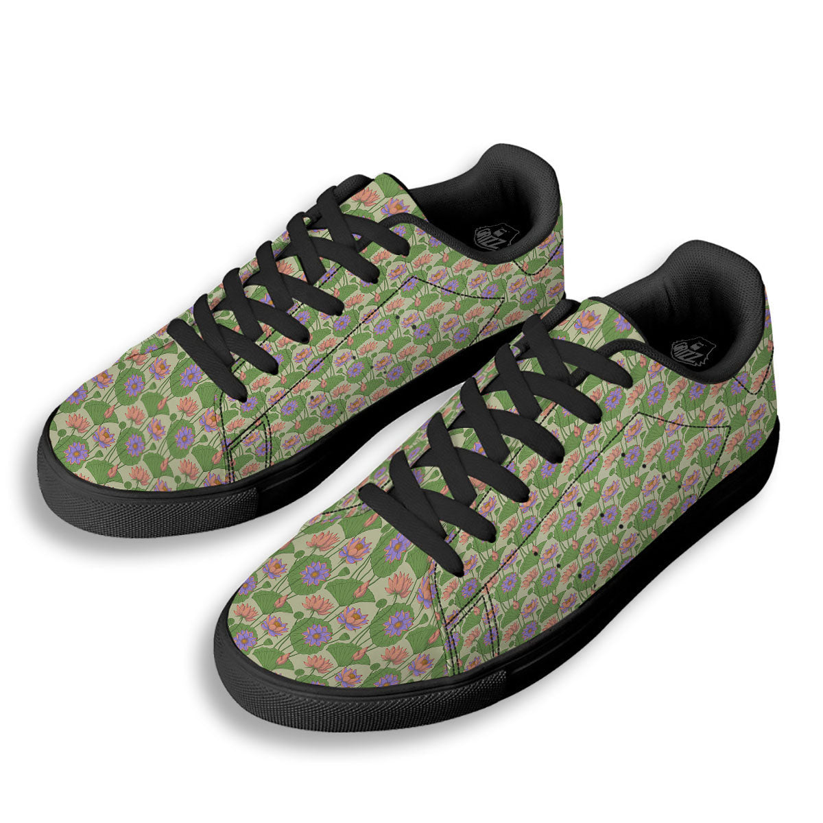 Lotus Leaf And Flower Print Pattern Black Low Top Sneakers-grizzshop
