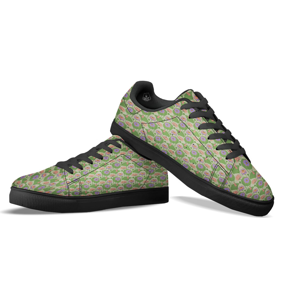 Lotus Leaf And Flower Print Pattern Black Low Top Sneakers-grizzshop