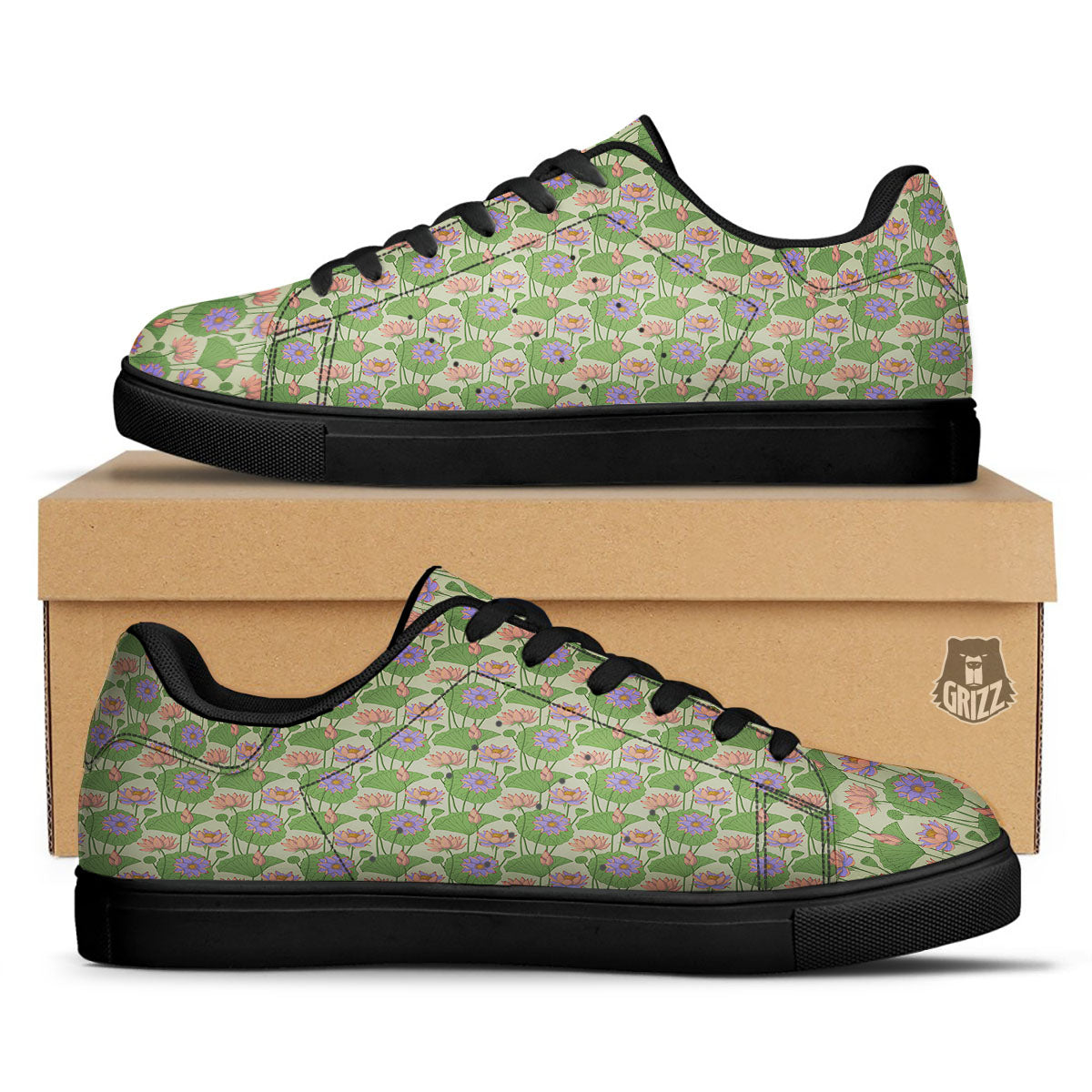 Lotus Leaf And Flower Print Pattern Black Low Top Sneakers-grizzshop