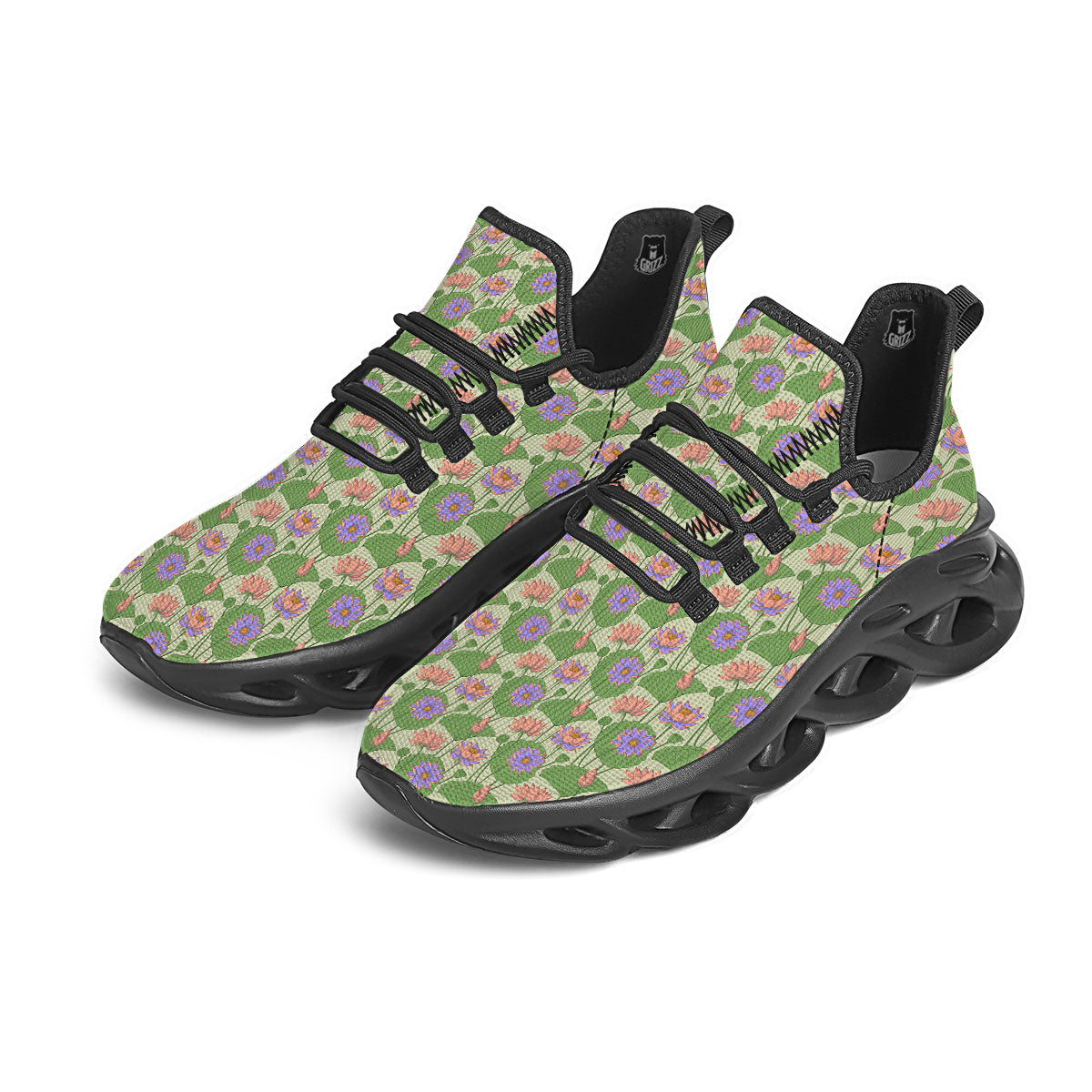 Lotus Leaf And Flower Print Pattern Black Running Shoes-grizzshop