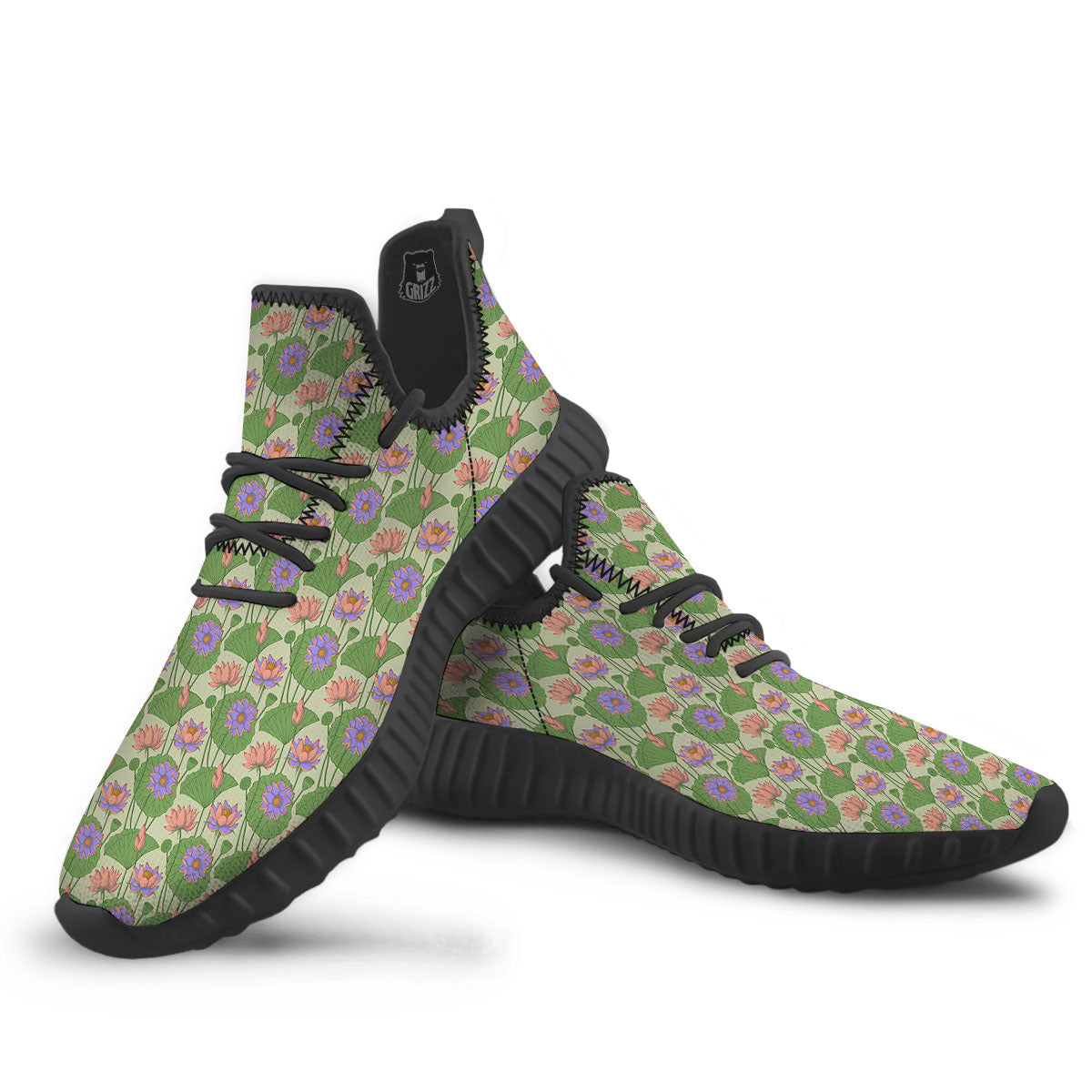 Lotus Leaf And Flower Print Pattern Black Walking Shoes-grizzshop