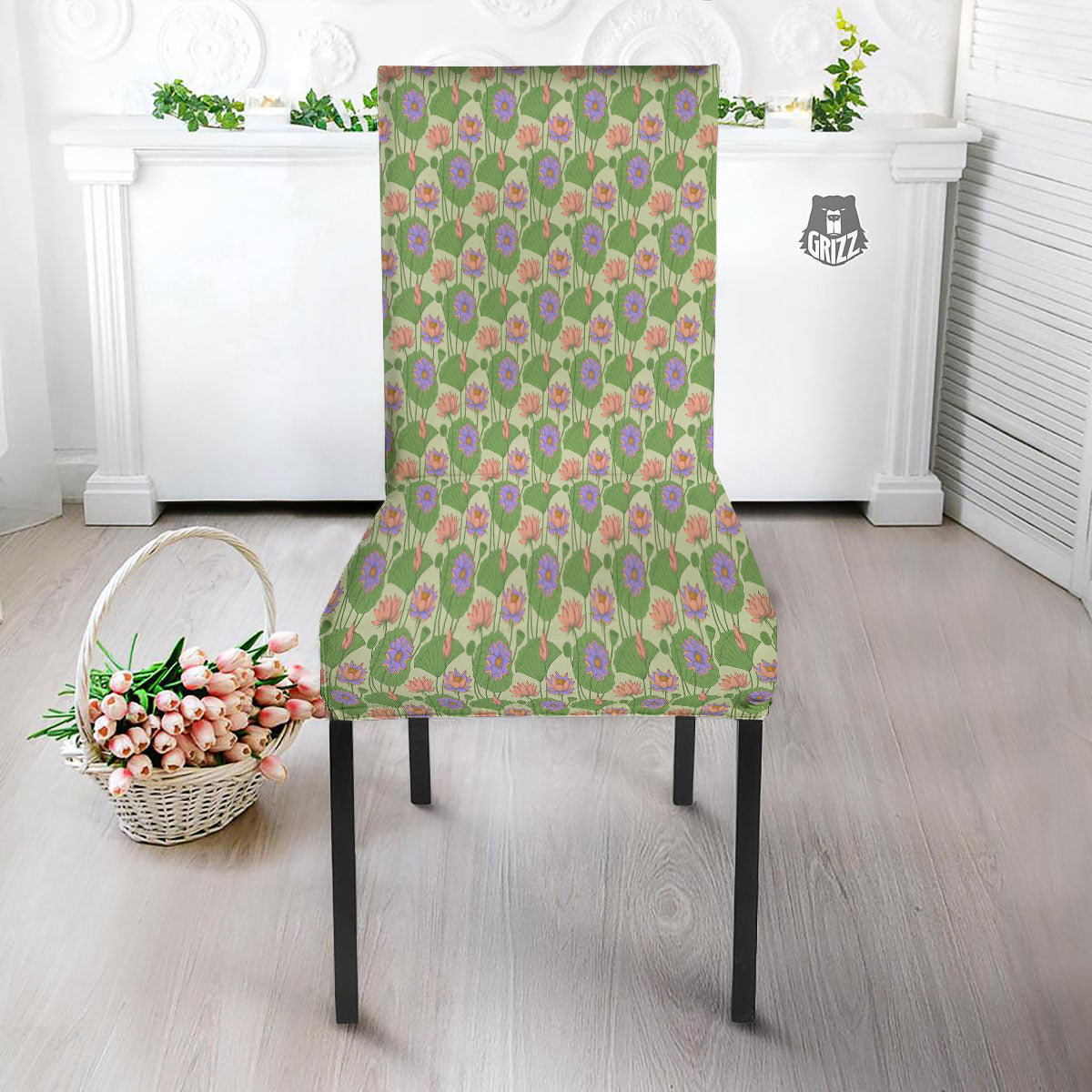 Lotus Leaf And Flower Print Pattern Dining Chair Slipcover-grizzshop