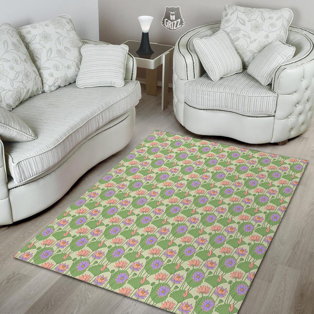 Lotus Leaf And Flower Print Pattern Floor Mat-grizzshop