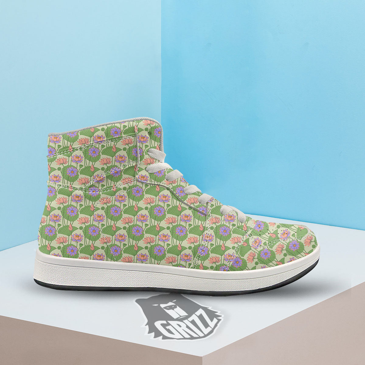 Lotus Leaf And Flower Print Pattern High Top Sneakers-grizzshop