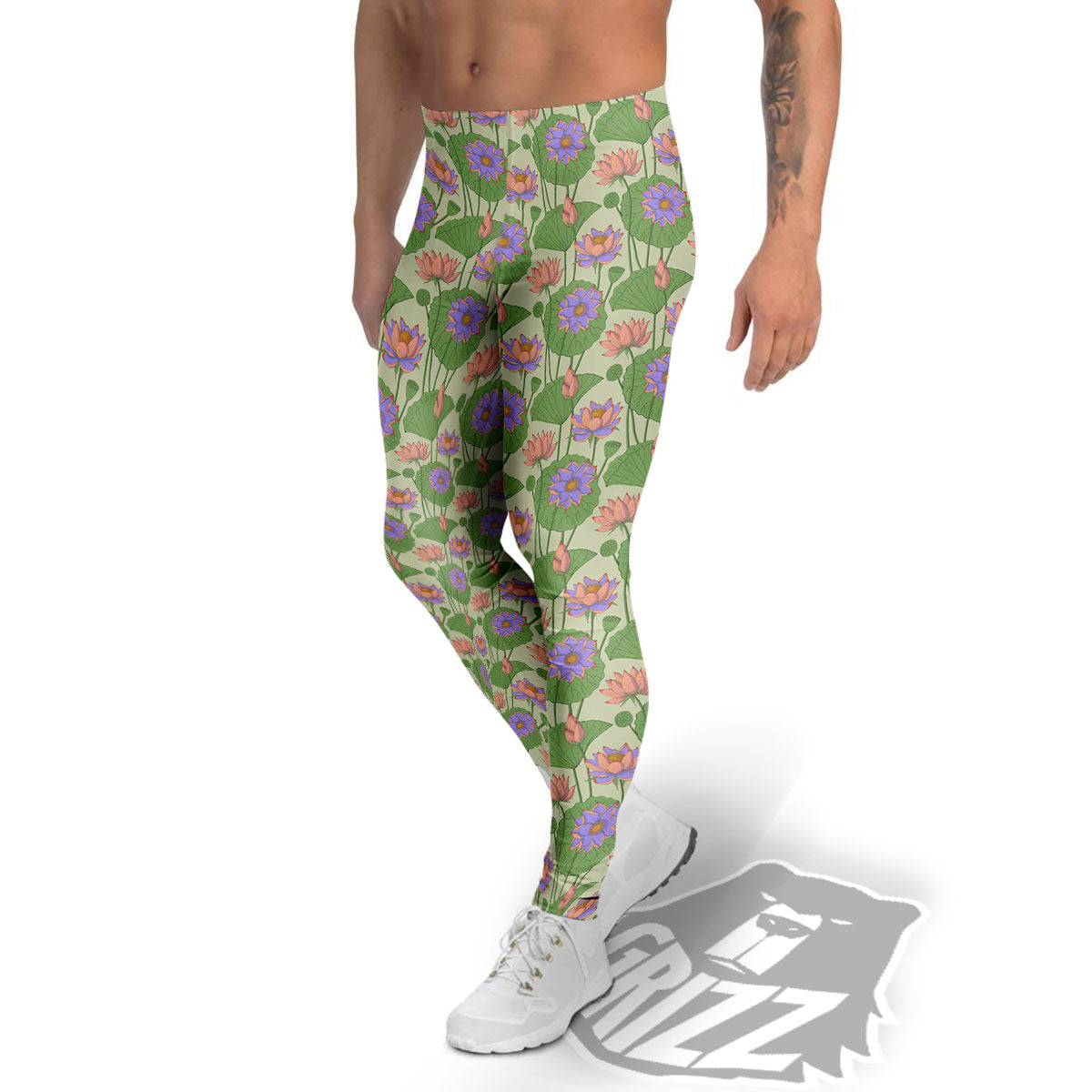 Lotus Leaf And Flower Print Pattern Men's Leggings-grizzshop
