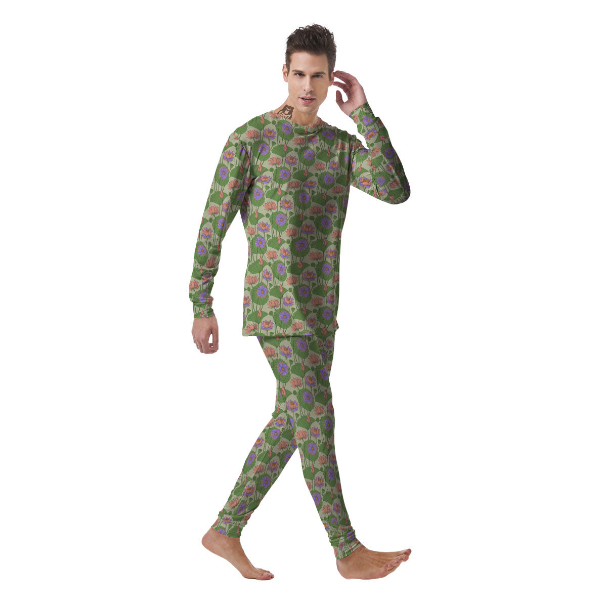 Lotus Leaf And Flower Print Pattern Men's Pajamas-grizzshop