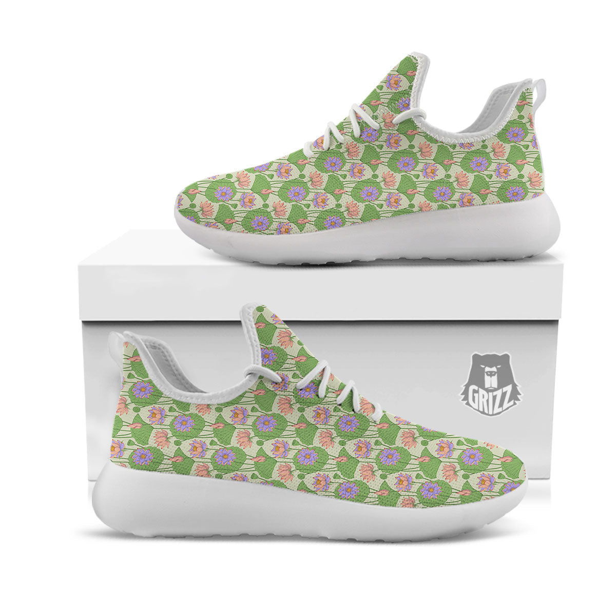 Lotus Leaf And Flower Print Pattern White Athletic Shoes-grizzshop