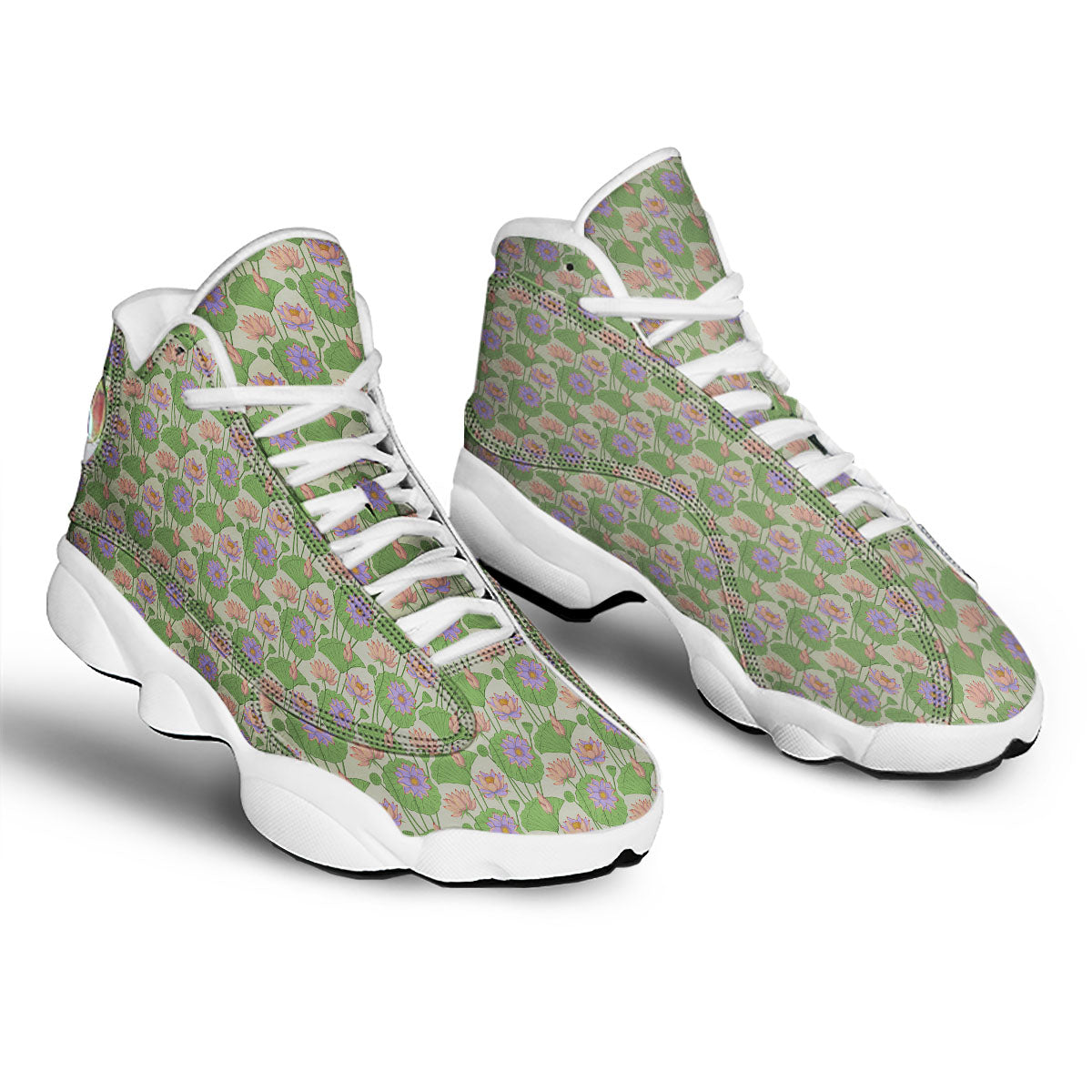 Lotus Leaf And Flower Print Pattern White Basketball Shoes-grizzshop