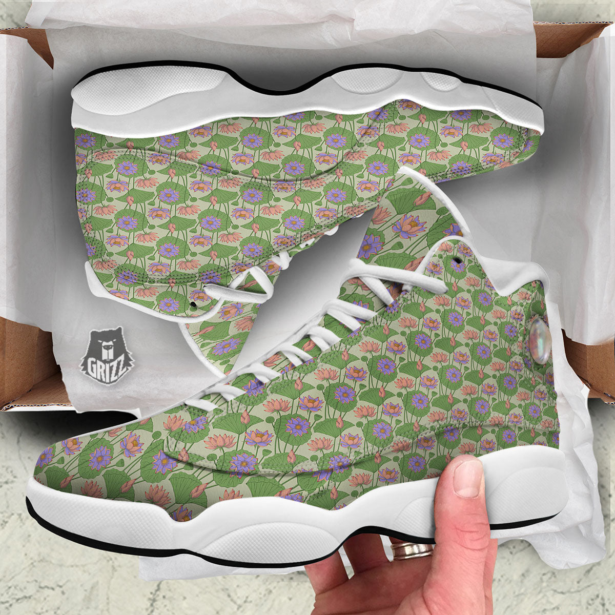 Lotus Leaf And Flower Print Pattern White Basketball Shoes-grizzshop