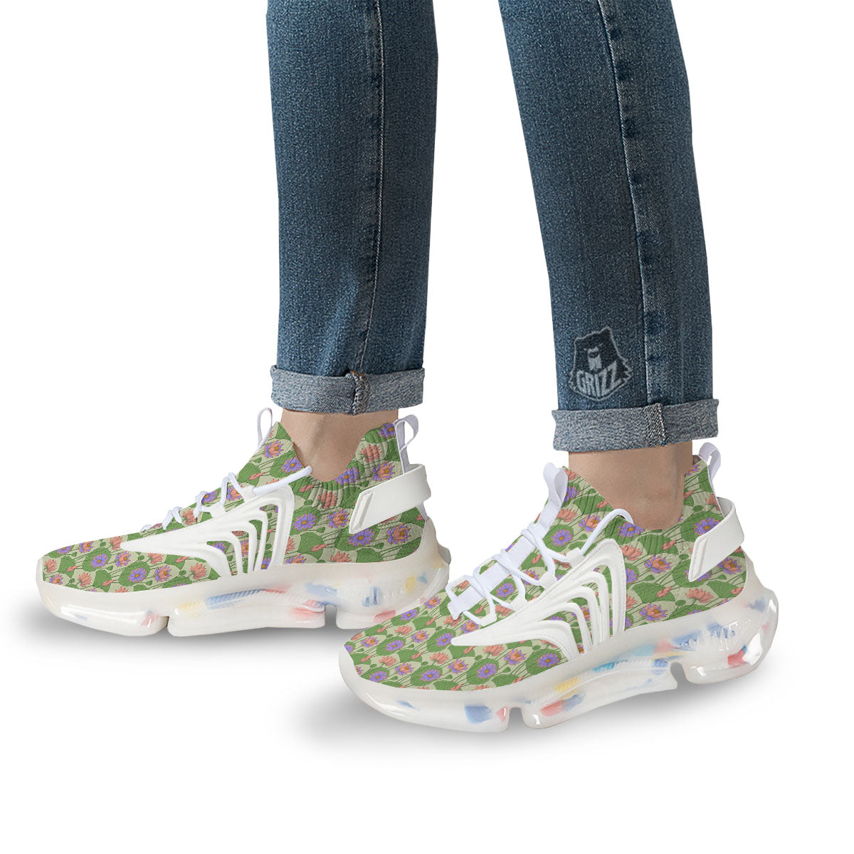 Lotus Leaf And Flower Print Pattern White Gym Shoes-grizzshop