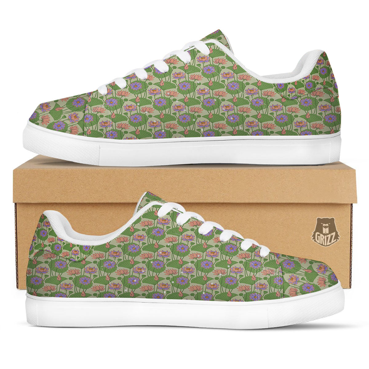 Lotus Leaf And Flower Print Pattern White Low Top Sneakers-grizzshop
