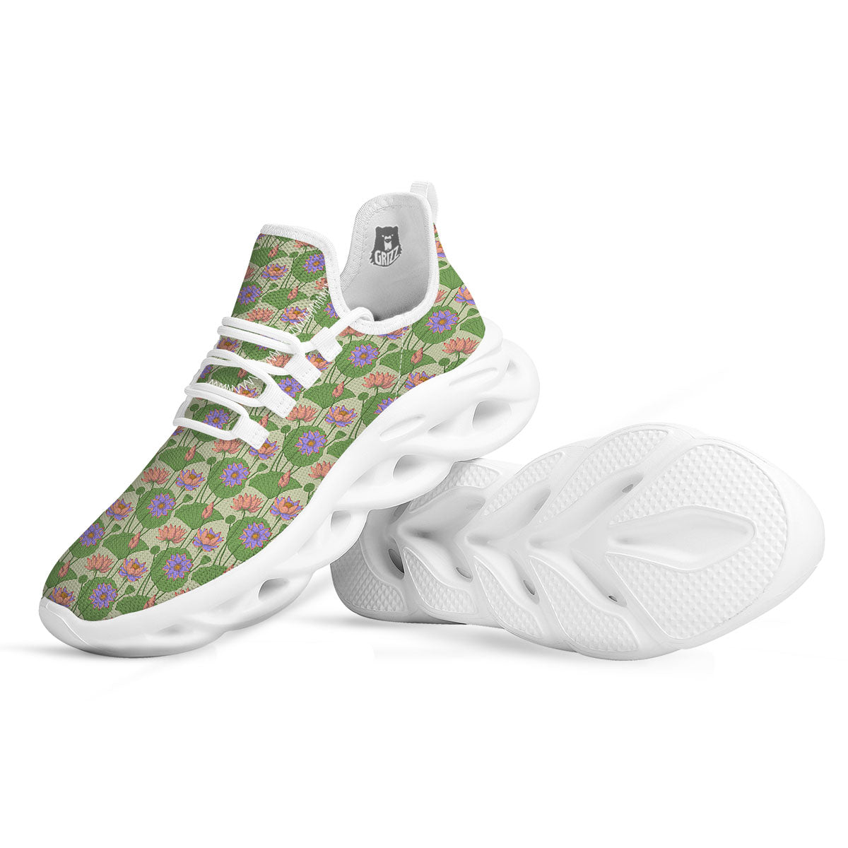 Lotus Leaf And Flower Print Pattern White Running Shoes-grizzshop