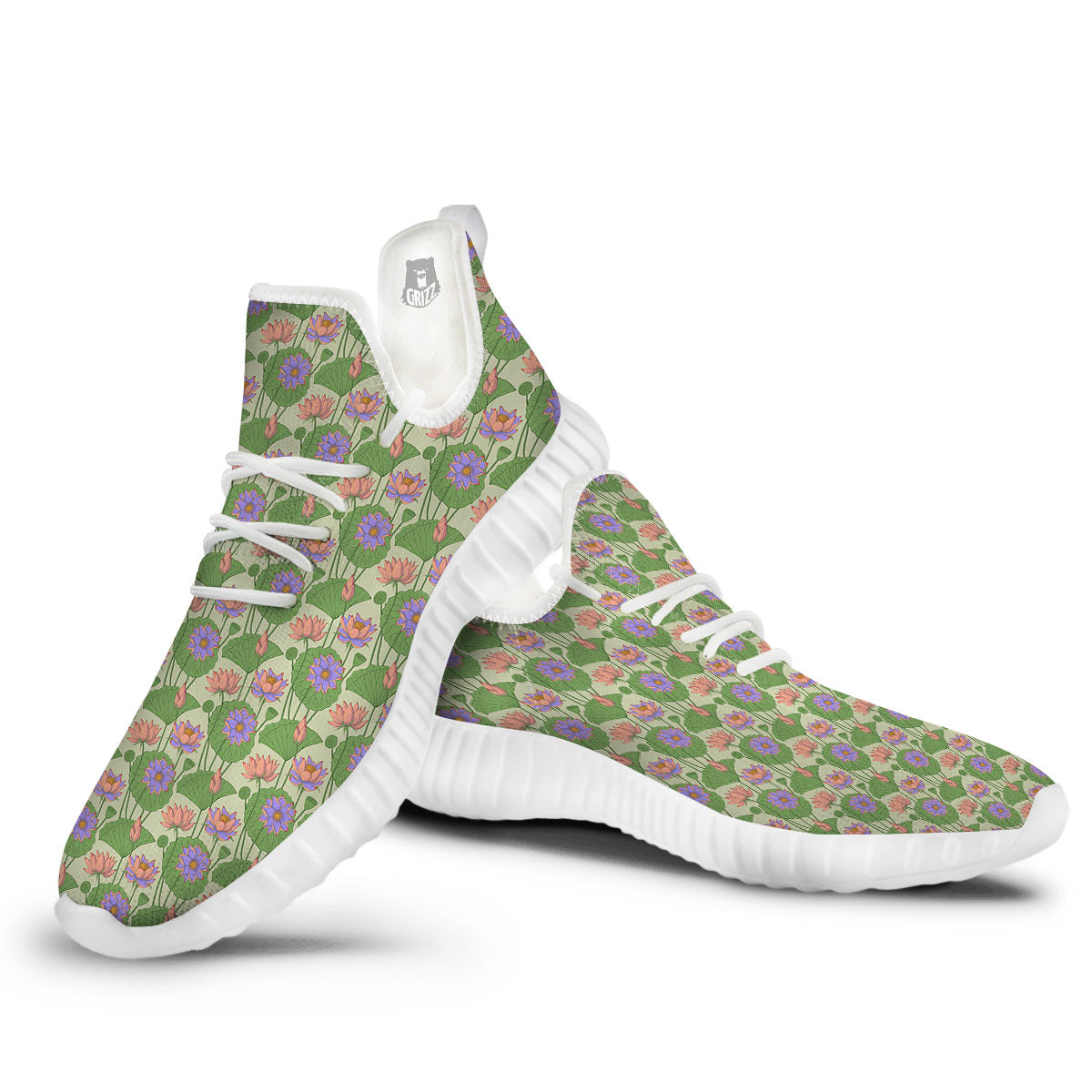 Lotus Leaf And Flower Print Pattern White Walking Shoes-grizzshop