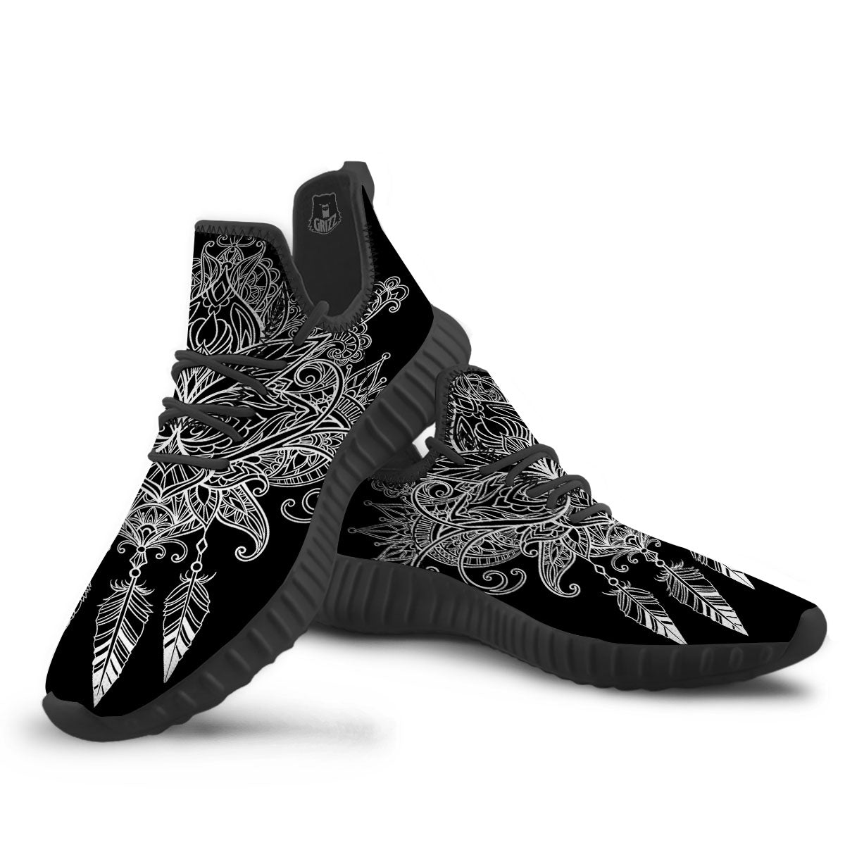Lotus Mandala White And Black Print Black Walking Shoes-grizzshop