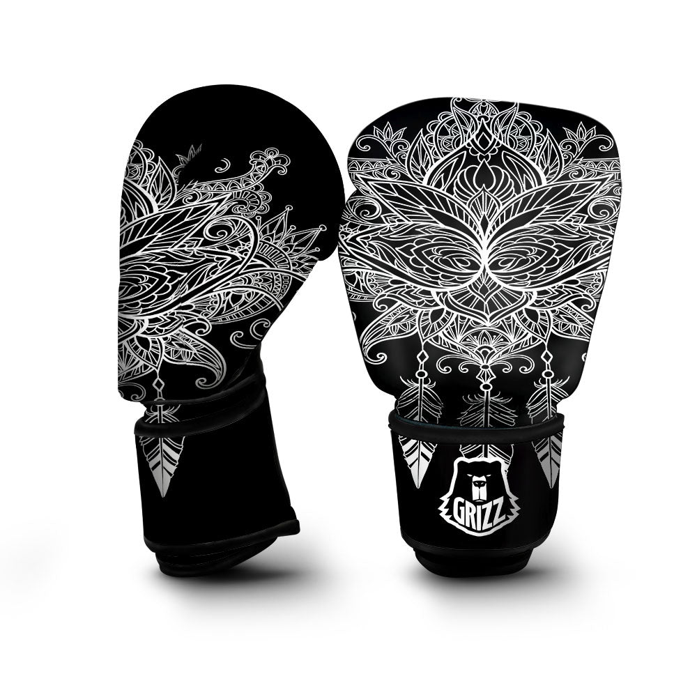 Lotus Mandala White And Black Print Boxing Gloves-grizzshop