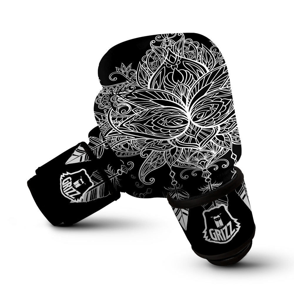 Lotus Mandala White And Black Print Boxing Gloves-grizzshop